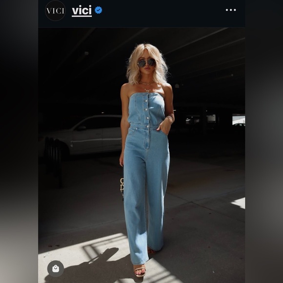 VICI denim strapless jumpsuit w/front buttons & side pockets NEW I paid $ 107 - Picture 2 of 16